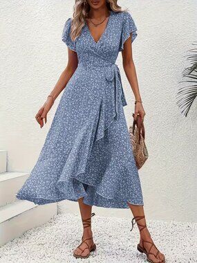 Stylish And Elegant Women'S V-Neck Short-Sleeve Dress